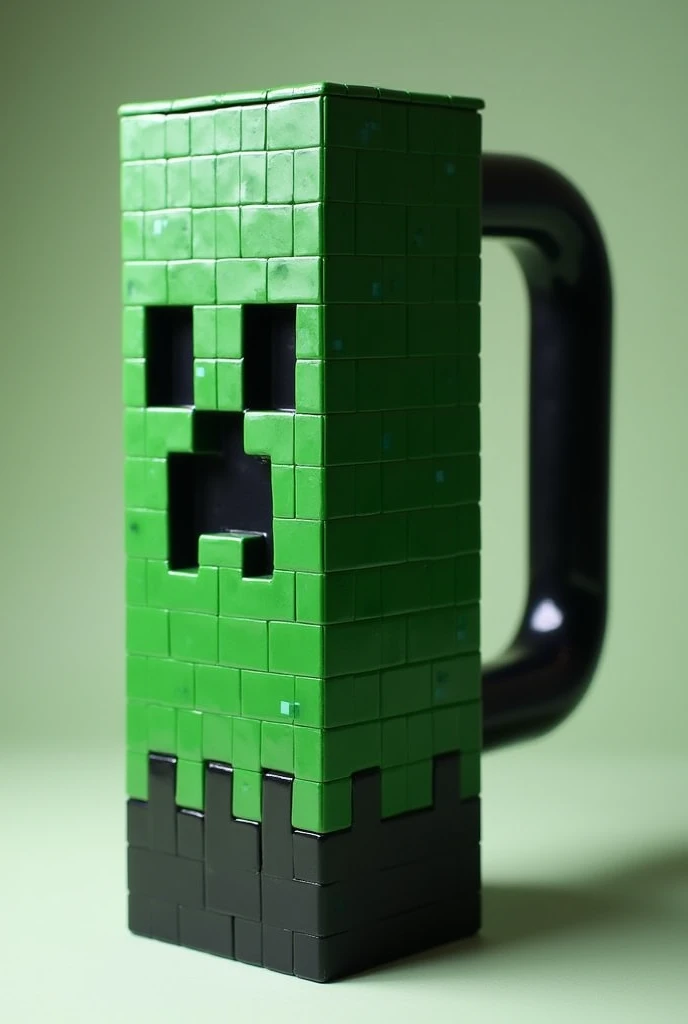 A vessel with a handle inspired by the Minecraft Creeper. The vessel has a pixelated design in green and black tones., with the Creeper's face integrated into its surface."