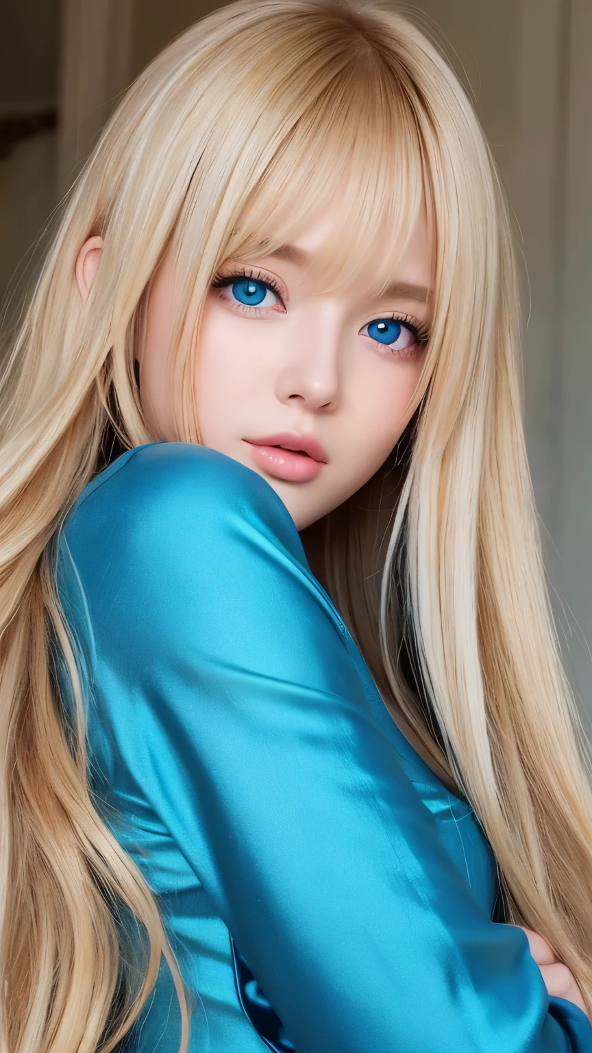 Her shiny, super long blonde hair blowing in the strong wind is dazzling and sexy., and、 Her cute, sexy, beautiful and small face is dazzling.。、Her long, shiny blonde hair dances in front of her beautiful face.、Long, silky bangs that cover the area between the eyes、Super long blonde hair that covers her face、Hair is too long、Sexy and cute young、Super long straight silky hair、Small Face Beauty、Cheek gloss highlighter、Extremely white, bright and beautiful skin、Such beautiful, big, bright blue eyes、Very big eyes、