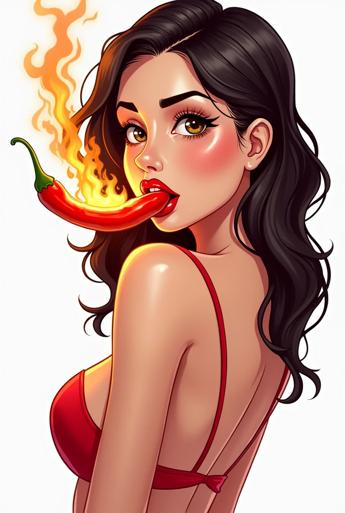 Red lips biting sexy a hot pepper with flames. Cartoon art, white background