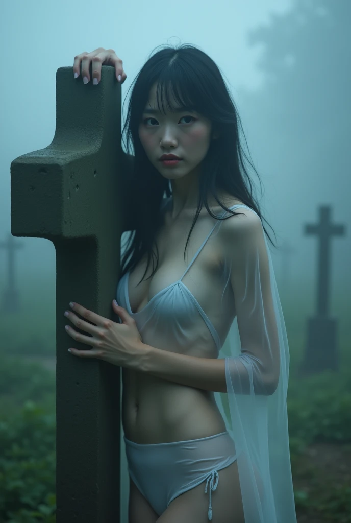 1 girl, realisitic, Raw photo, japanaese girl, (fullnude:1.9), (Beautiful and cute face:1.4), 18year old, bobhair, Black hair、(Crucifixion in an abandoned city:1.8), (Tie your arms and legs to the cross with barbed wire:1.5)、bao phan、Very heavy rain、The whole body is soaking wet、wetting hair、during night、thunderbolt