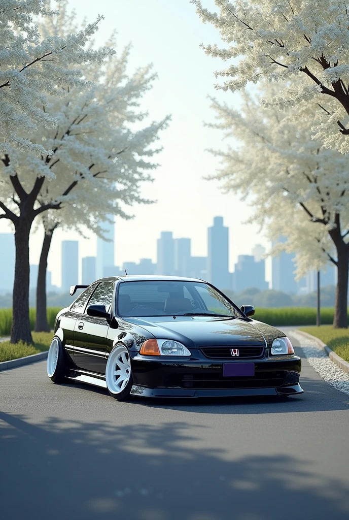 A 1995 honda civic without a purple license plate with a front lip and simple side skirts and white wheels in front of trees with white flowers and in the background a city on a street in the shape of a wallpaper