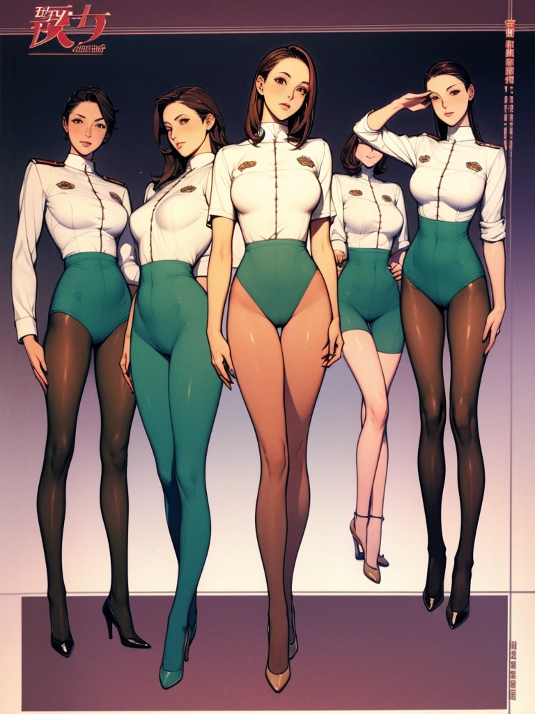 Full body picture:(masterpiece:1.2, best quality),(Very detailed),8K,wallpaper,Three women standing in a row,Full body picture,All wearing pantyhose,Female Soldiers,military uniform,深绿色military uniform,织物纹理military uniform,leotard,Dark green tie,Tall figure,Long legs,muscular,salute