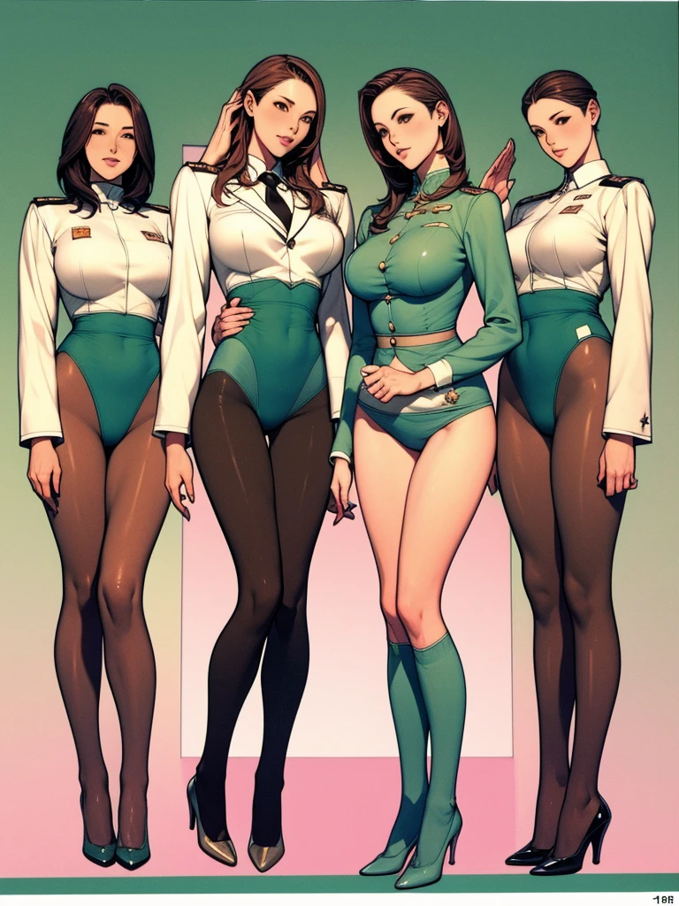 Full body picture：(masterpiece:1.2, best quality),(Very detailed),8K,wallpaper，Three women standing in a row,Full body picture，All wearing pantyhose，Female Soldiers，military uniform，深绿色military uniform，织物纹理military uniform，leotard，Dark green tie，Tall figure，Long legs，muscular，salute