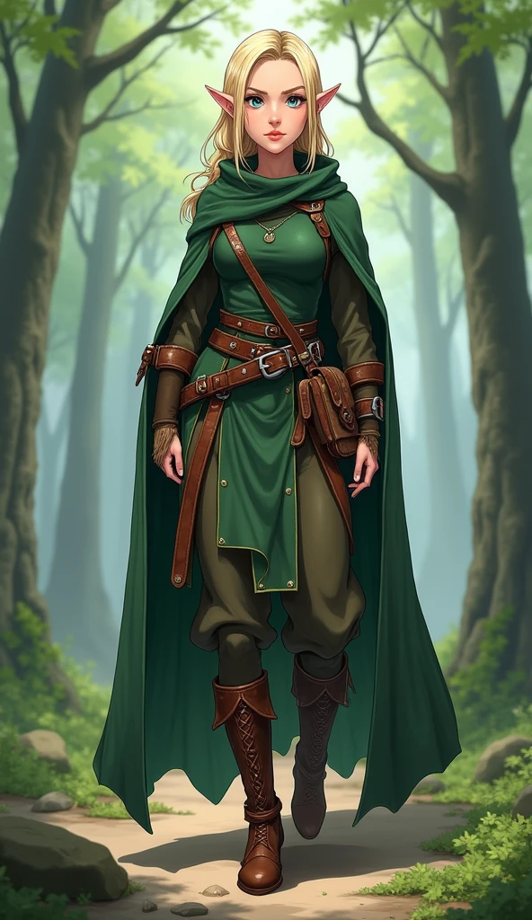 Anime girl harf elf 1 girl, blonde hair. blue eyes Half-elf Elara opts for a practical look with an elvish twist. She wears a dark green tunic made of lightweight, durable fabric, with leather trim on the sleeves and upper torso for added protection. The tunic is cinched at the waist with a leather belt, which accentuates her figure and holds the skirt in place. Elara's skirt is made of a strong, flexible fabric, with overlapping layers that allow for freedom of movement. The skirt reaches to her knees and is slightly gathered for comfort during walking and fighting. She wears soft but durable leather boots with grippy, absorbent soles. Elara's belt is ornate, with small compartments and clasps for storing her tools and weapons. The green cloak she wears is ideal for camouflage in the forest, and is fastened with a buckle around her neck.Full body