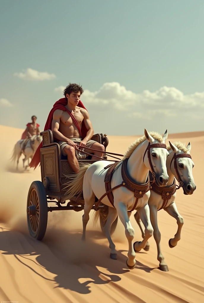 A young skinny prince white skin beautiful face handsome shirtless in a small Roman carriage with 4 horses in the desert  miestras otro romano lo persigue en otro caruaje