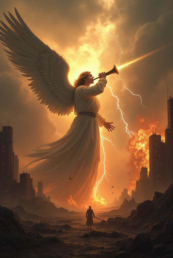 "Create an apocalyptic-themed book cover inspired by the Bible&#39;s Book of Revelation, set in modern times. The image should convey an atmosphere of chaos and judgment., with a gloomy sky and heavy clouds. At the center, highlight an angel with a powerful trumpet, symbolizing the beginning of divine judgments, surrounded by lightning and fire In the background, a partially destroyed modern city, with buildings collapsing, fire and smoke, revealing the impending destruction. dark representing the four horsemen of the Apocalypse in the background, with its grasshopper details floating around. The color palette should be dramatic, com tons de vermelho, black and gold, to enhance the sense of catastrophe and ultimate hope.
