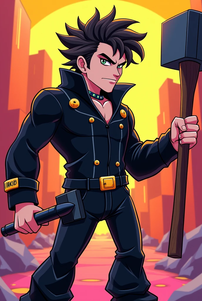 A man with messy hair with a black marker in a black outfit with accessories holding a sledgehammer in roblox style