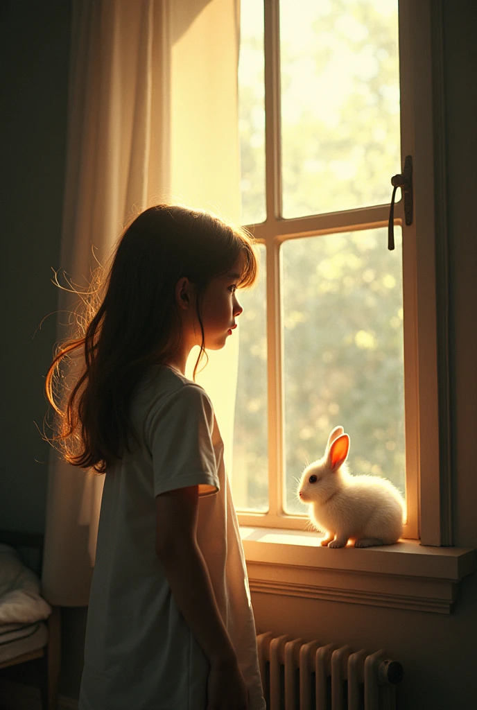 Window、girl、My hair is blowing in the wind、profile、Looking at it, rabbit、White and small rabbit、Inside the room、Light pours down、, pensive, Surrealism, projected inset, multiple views, wide shot, UHD