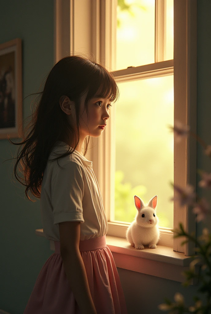 Window、girl、My hair is blowing in the wind、profile、Looking at it, rabbit、White and small rabbit、Inside the room、Light pours down、, pensive, Surrealism, projected inset, multiple views, wide shot, UHD