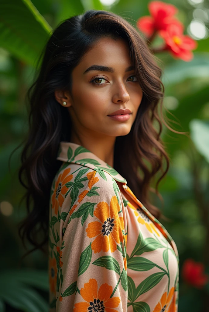 A Brazilian woman in a lush tropical garden, wearing an open shirt with a floral print, with a close-up capturing the harmonious beauty between her breasts and the natural flowers, showing off your natural charm and outgoing personality.