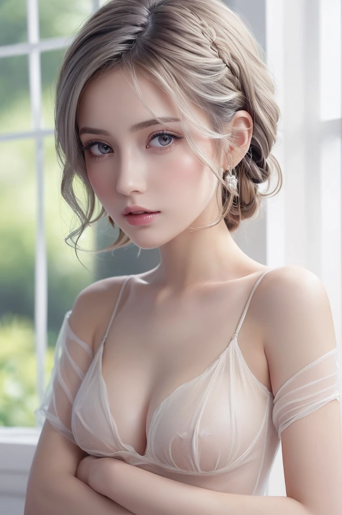 (see-through:1.4), tight slip, NUDE, (Nipples are visible), Large Breasts, (((Very elegant and beautiful, Perfect detail, Very detailed))), whole body, Most detailed, Written boundary depth, 美しく詳細なwhole body, Thin legs, 30 years old, Very short hair, Spiked Hair, Gray and silver hair, Beautiful detailed hair, Perfect Face, Expressionless, Beautiful, detailed, deep eyes, Please open your mouth a little, Delicate arms and hands, Pale skin, Colorful background, HD background, Blurred Background, Very delicate and beautiful, masterpiece, (((Highest quality, Very beautiful 8K CG wallpaper))), (((Trendy hairstyles))), (Inside the room,Stylish interior,window),