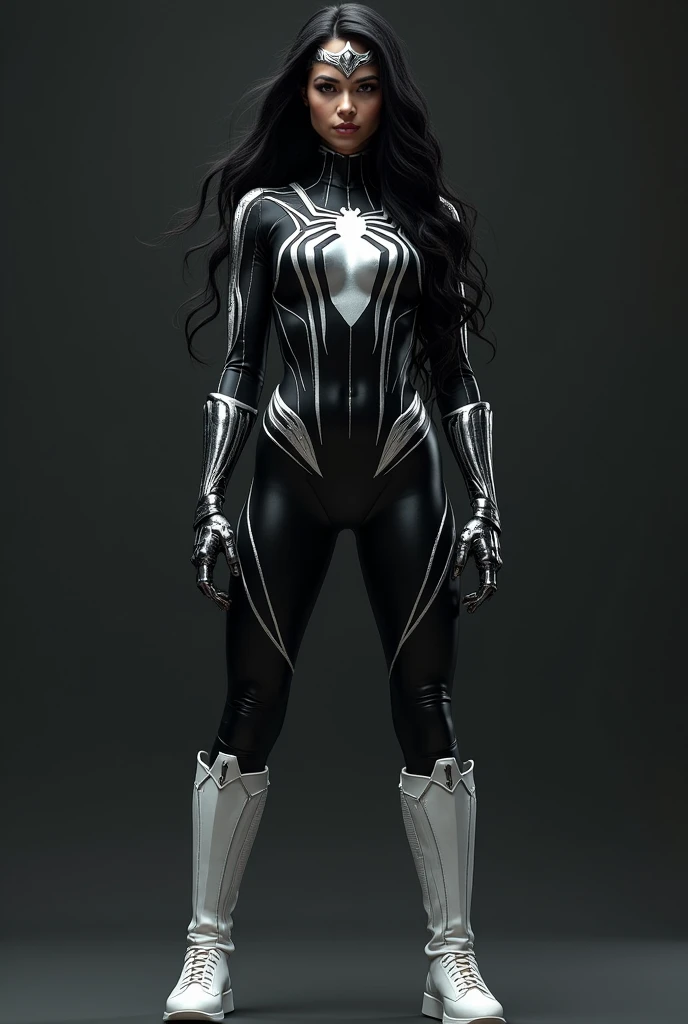 (((Black symbiote))),(((Spider-woman))),(((Una hermosa mujer de cabello negro largo bajo el manto de la aracnida Jessica Drew alias Spider-woman))),(((Black arachnid one-piece leather suit))),(((Giant silver Wonder Woman emblem covering her breasts))),(((Long white boots up to her knees))),(((long white gloves ))),(((With Symbiote skin running all over his skin))),(((Black metal bracelets))),(((Simbionte Spiderman))),(((Piel de Black symbiote))),(((Silver metal headband with a white spider on its forehead)))