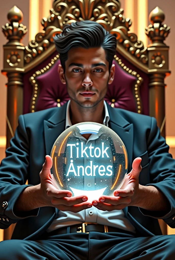 A 20-year-old man on a golden throne holding in the palm of his hand a large crystal ball with the name Tiktok Andres.