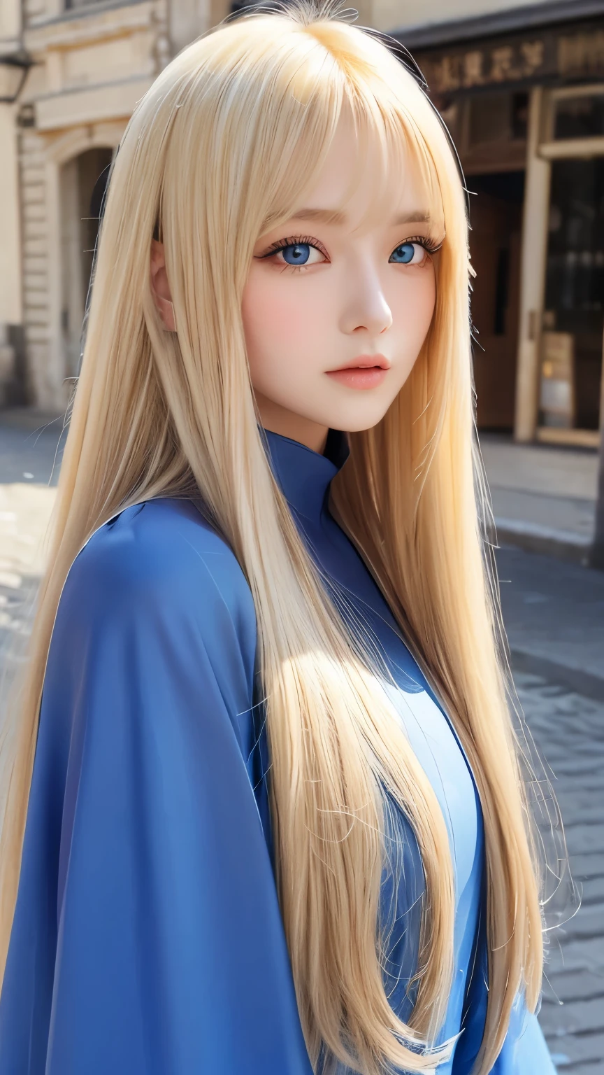Her shiny, super long blonde hair blowing in the strong wind is dazzling and sexy., Cute, sexy, beautiful and small face is dazzling。、Her long, shiny blonde hair dances in front of her beautiful face.、Long, silky bangs that cover the area between the eyes、Super long blonde hair that covers her face、Hair is too long、Sexy and cute young、Super long straight silky hair、Small Face Beauty、Cheek gloss highlighter、Extremely white, bright and beautiful skin、Such beautiful, big, bright blue eyes、Very big eyes、Medieval streetscape、Medieval dress、Young