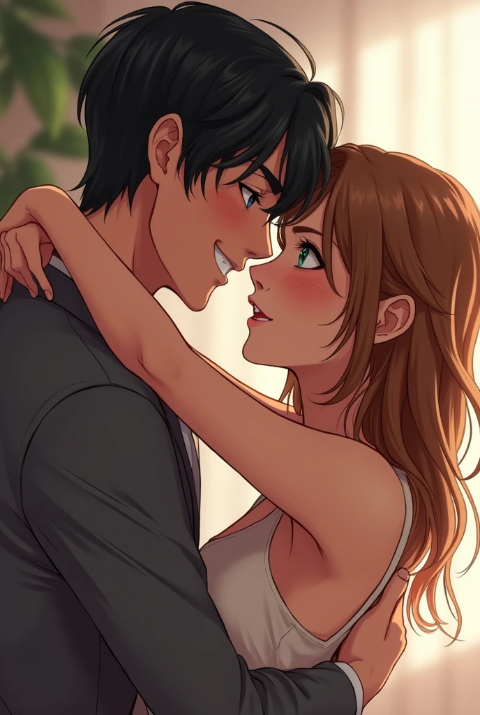 In the romantic scene, an attractive white masculine guy with black hair, A little by the shoulders he is hugging a girl by the waist . She has light brown hair, shoulder-length, and green eyes, I think I'm pale. He has blue eyes and, while she maintains a serious but blushing expression, He laughs playfully. The atmosphere is flirtatious, with him enjoying the contrast between his laughter and her seriousness.