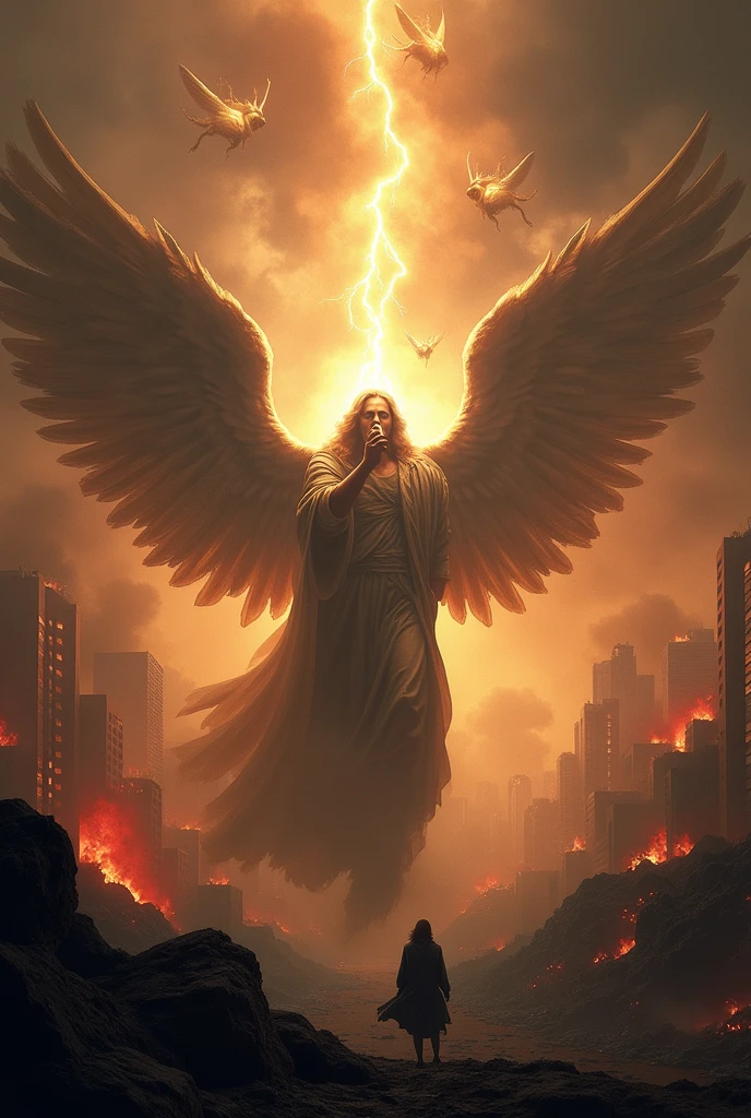 "Create an apocalyptic-themed book cover inspired by the Bible's Book of Revelation, set in modern times. The image should convey an atmosphere of chaos and judgment., with a gloomy sky and heavy clouds. At the center, highlight an angel with a powerful trumpet, symbolizing the beginning of divine judgments, surrounded by lightning and fire In the background, a partially destroyed modern city, with buildings collapsing, fire and smoke, revealing the impending destruction. dark representing the four horsemen of the Apocalypse in the background, with its grasshopper details floating around. The color palette should be dramatic, com tons de vermelho, black and gold, to enhance the sense of catastrophe and ultimate hope.