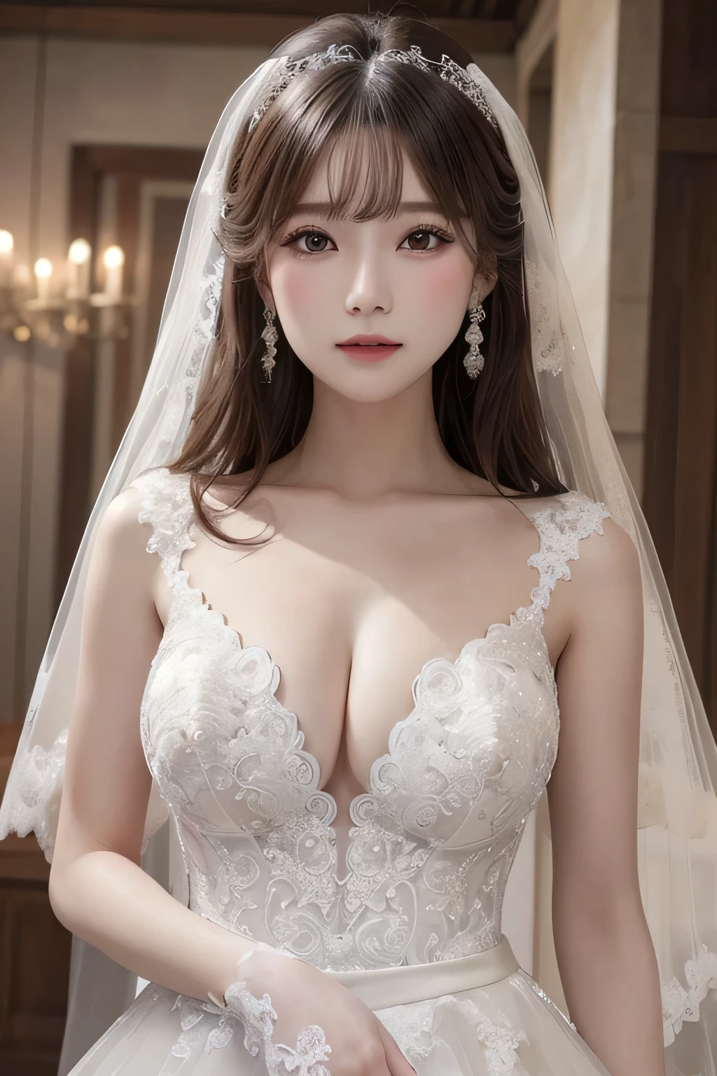 One Girl, 1 person,Highest quality,High resolution,超High resolution,8k,Realistic,Upper Body,encounter_audience,Large Breasts, the body is slim,(Wedding Dress:1.2),