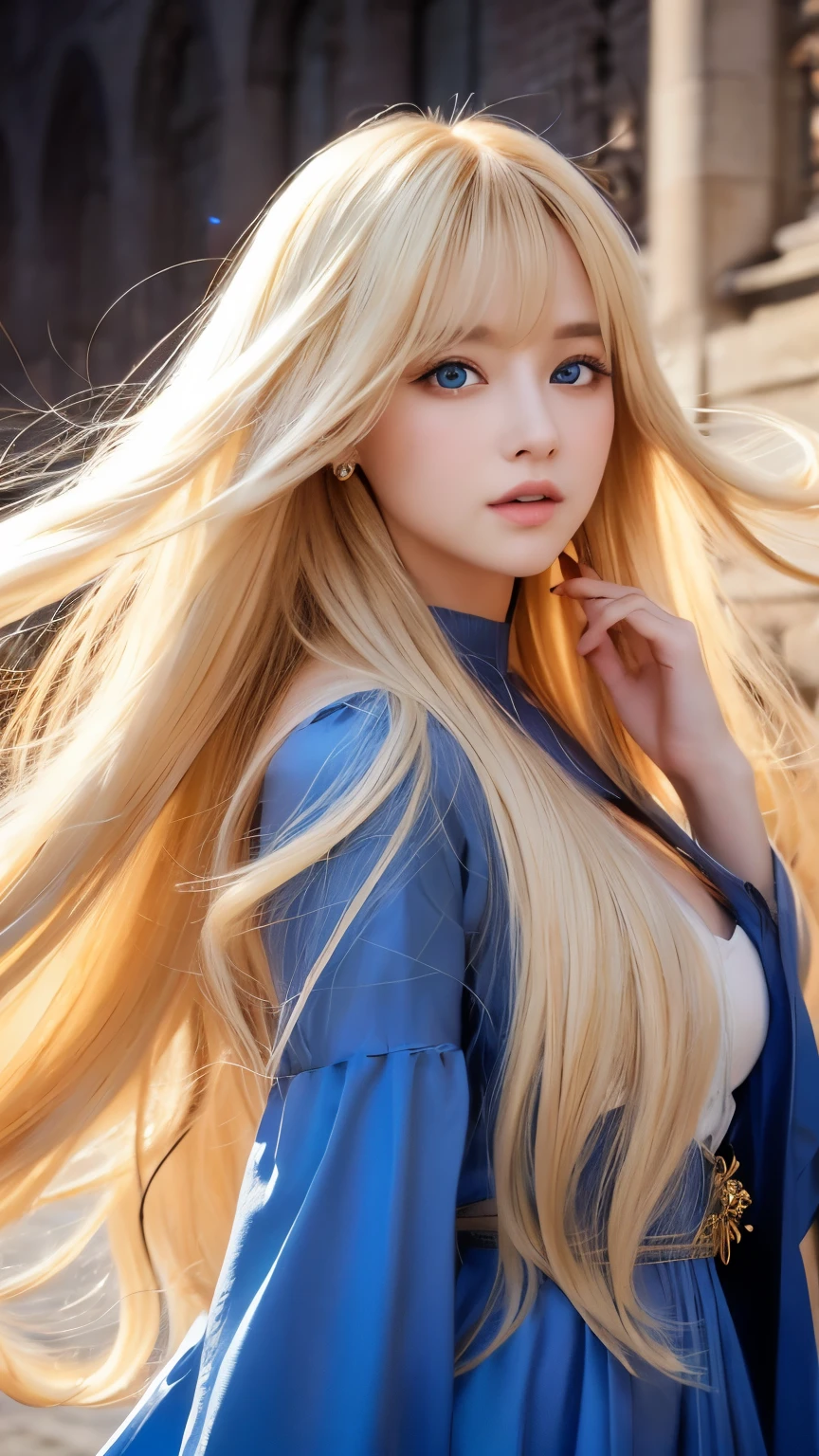 Her shiny, super long blonde hair blowing in the strong wind is dazzling and sexy., Cute, sexy, beautiful and small face is dazzling。、Her long, shiny blonde hair dances in front of her beautiful face.、Long, silky bangs that cover the area between the eyes、Super long blonde hair that covers her face、Hair is too long、Sexy and cute young、Super long straight silky hair、Small Face Beauty、Cheek gloss highlighter、Extremely white, bright and beautiful skin、Such beautiful, big, bright blue eyes、Very big eyes、Medieval streetscape、Medieval dress、Young