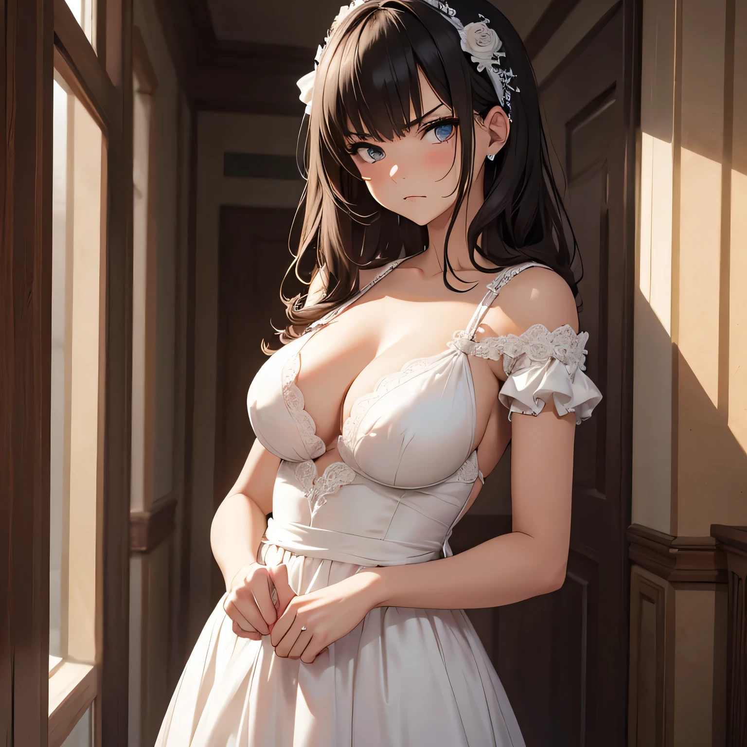 Medium boobs, girl, bride dress, serious, angry