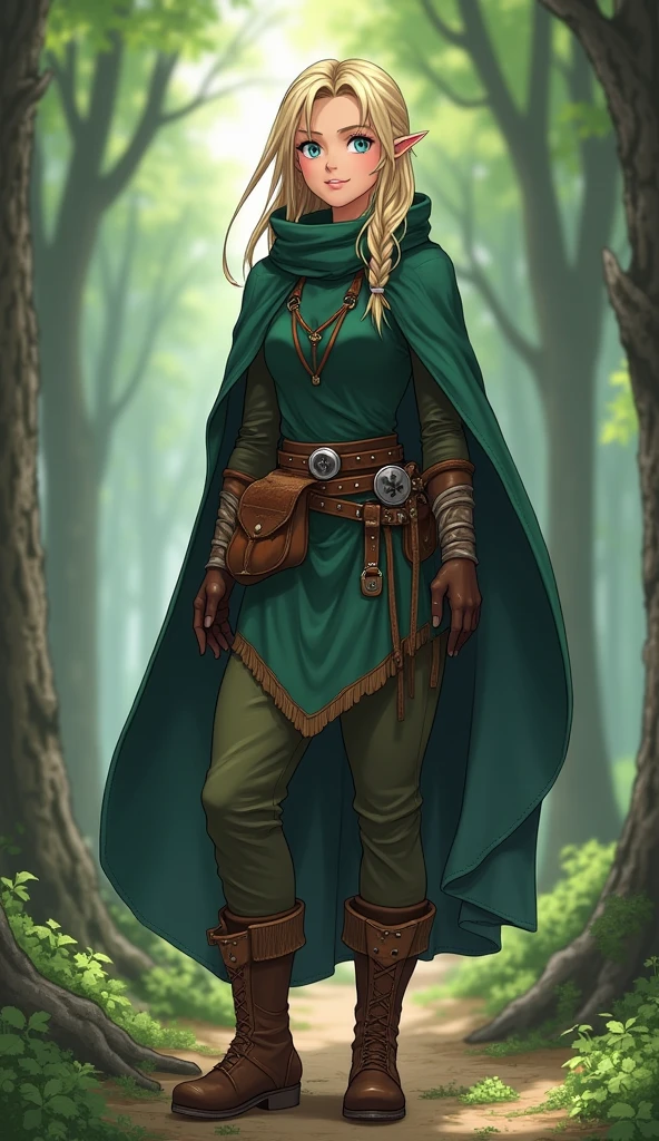 Anime girl harf elf 1 girl, blonde hair. blue eyes Half-elf Elara opts for a practical look with an elvish twist. She wears a dark green tunic made of lightweight, durable fabric, with leather trim on the sleeves and upper torso for added protection. The tunic is cinched at the waist with a leather belt, which accentuates her figure and holds the skirt in place. Elara's skirt is made of a strong, flexible fabric, with overlapping layers that allow for freedom of movement. The skirt reaches to her knees and is slightly gathered for comfort during walking and fighting. She wears soft but durable leather boots with grippy, absorbent soles. Elara's belt is ornate, with small compartments and clasps for storing her tools and weapons. The green cloak she wears is ideal for camouflage in the forest, and is fastened with a buckle around her neck.Full body