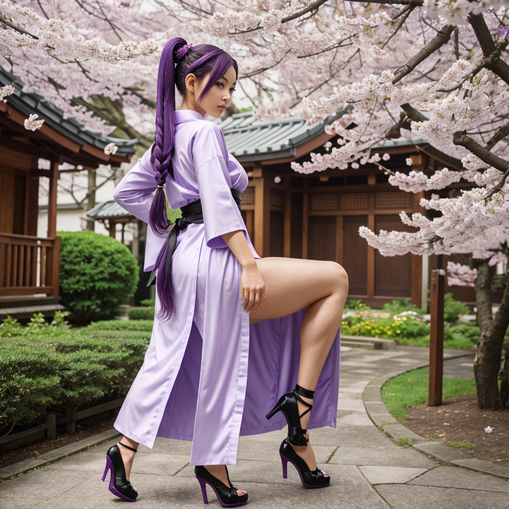 girl, , bright skin, long purple hair, braided into one ponytail, purple eyes, white yukata with open legs and sakura petals, slim, nice legs, black belt, black gloves, purple sakura flowers, purple long cloak, detailing, ideal, red and black bracelets on legs and arms, wooden shoes with thick high heels, Kanzashi, big breasts, big ass, elf