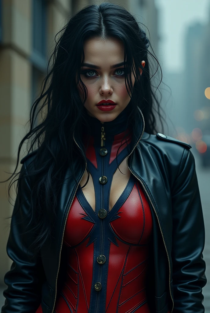 Amy Acker、work of art、high quality 4k、villain (x-men)、Goth girl、Gothic sculpted body makeup、Black jacke、red and blue bodysuit、work of art、highest quallity、Cowboy shots、A personの女の子、A person、Military Technology Body、bangss