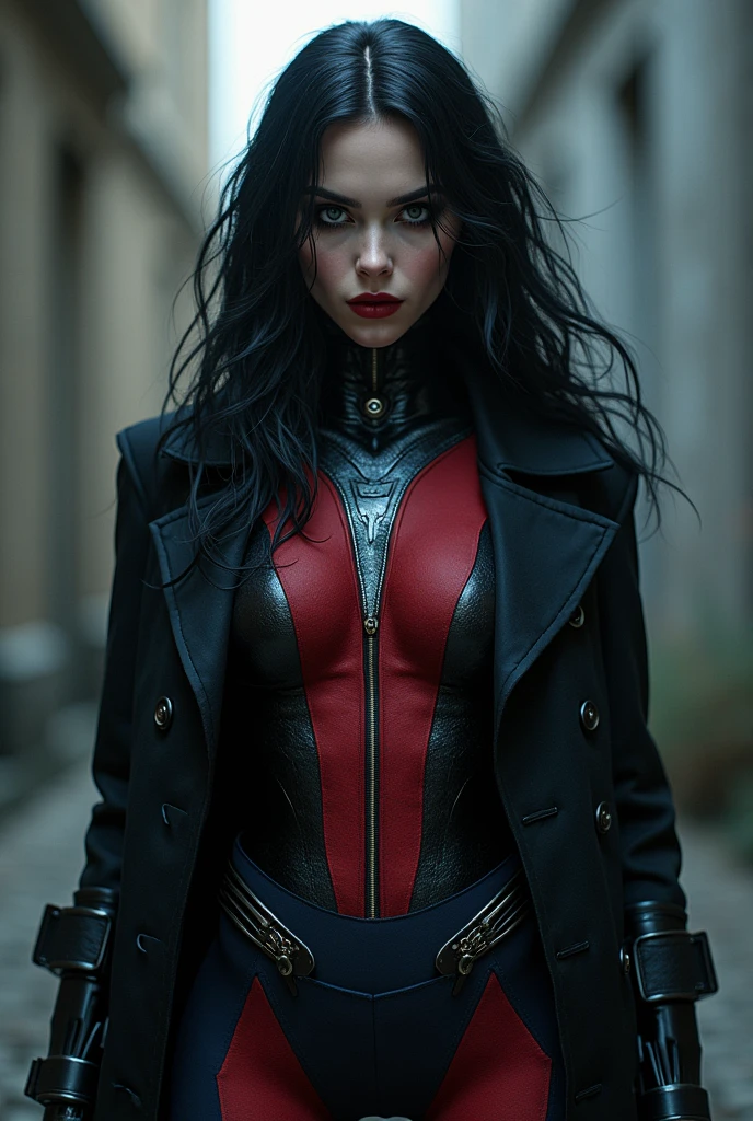 fully body, Amy Acker、work of art、high quality 4k、villain (x-men)、Goth girl、Gothic sculpted body makeup、Black jacke、red and blue bodysuit、work of art、highest quallity、Cowboy shots、A personの女の子、A person、Military Technology Body、bangss