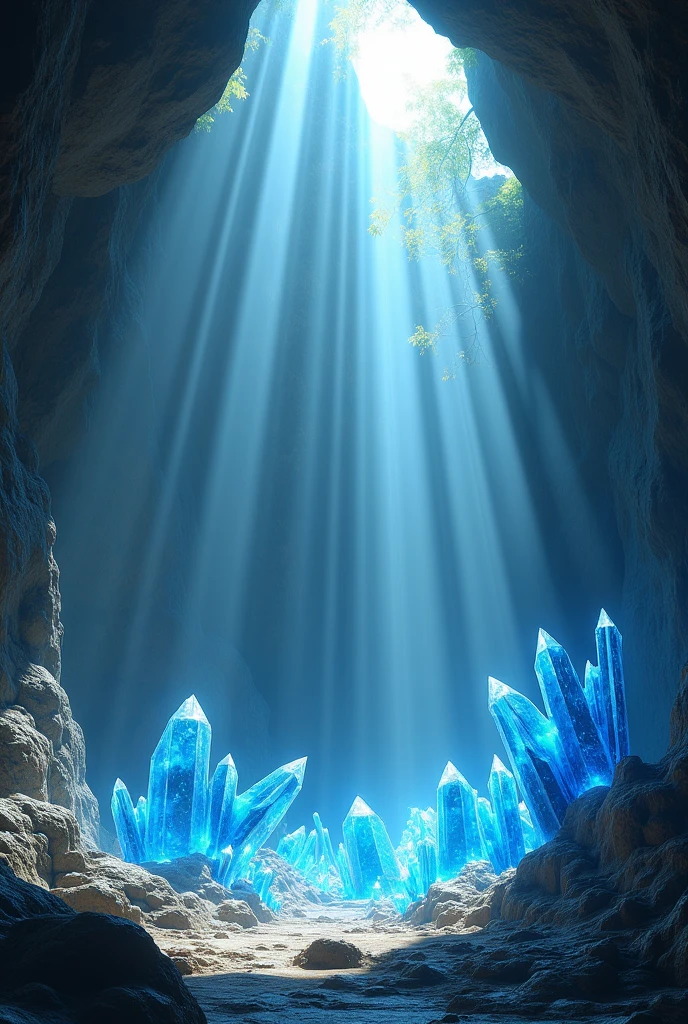 sunbeams from blue crystals in the cave