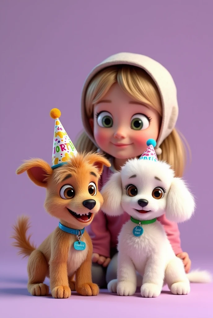 Disney Pixar style 3d render of a mini Australian terrier puppy , color camel, with straight hair and disheveled hair. Very skinny, Medium short hair With a happy face. He has a blue collar that says "Max" and with a birthday hat that says "Sheila" next to an eleven-year-old girl with long blond hair, round face with big green eyes like slanted, wearing loose clothing, very comfortable. With a beautiful smile and a bonnet that says "Sheila". next to the girl, a female white haired mini toy poodle, a little taller than the previous dog, Brown eyes, fluffy with lots of curls also has a birthday hat that says "Sheila" and a green necklace with a tag that says "Forget it". Violet plain background.