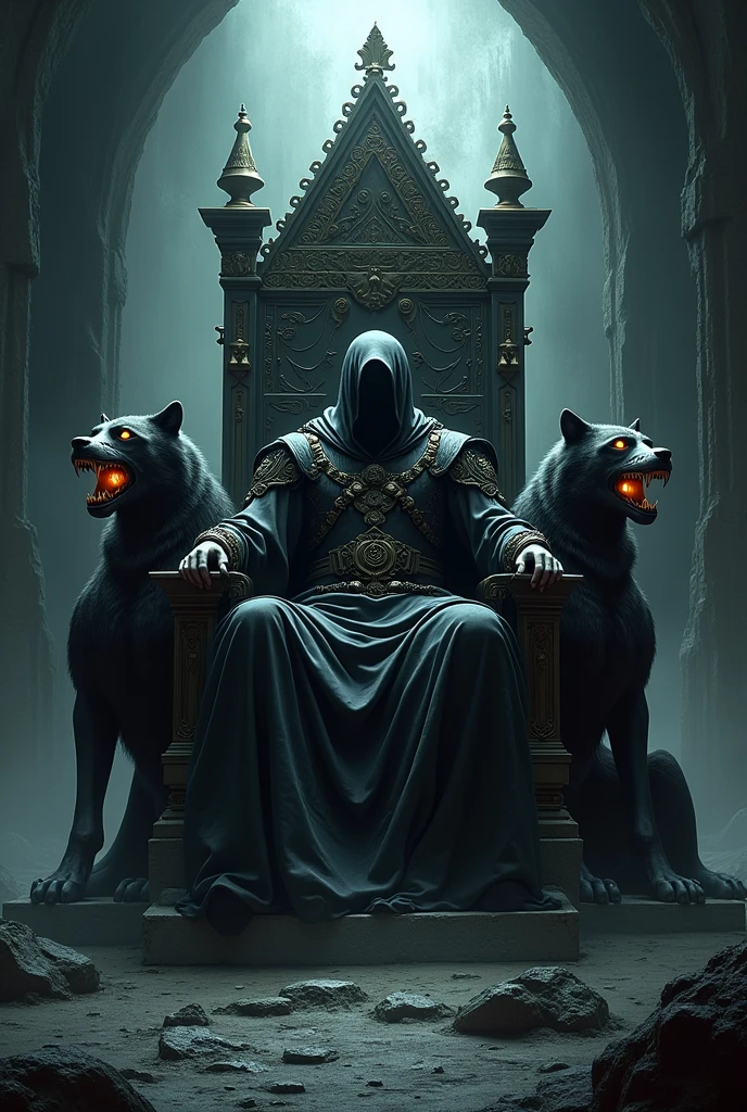 Hades sitting on his throne, and the three-headed dog, Cerberus