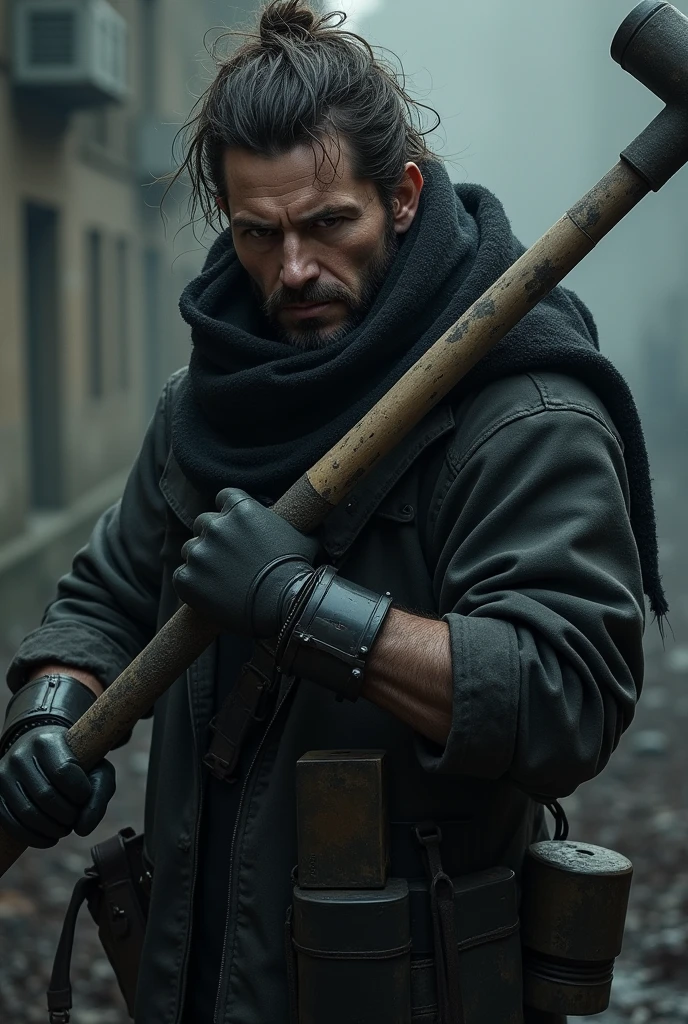 A man with messy hair wearing a black scarf wearing a black outfit with accessories holding a sledgehammer