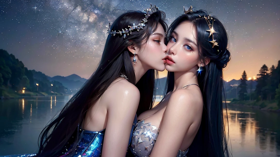 (masterpiece, best quality:1.5), unreal engine, professional lighting, the most beautiful princesses in the world, perfect face, attractive face, highly detailed beautiful face and eyes, highly detailed background, cinematic lighting, (perfect anatomy:1.2), (two enchanting American princesses is deeply in love with each other:1.3), (kiss:1.2), (night, the starry sky and shooting star reflected in the river, magnificent panorama view:1.2)