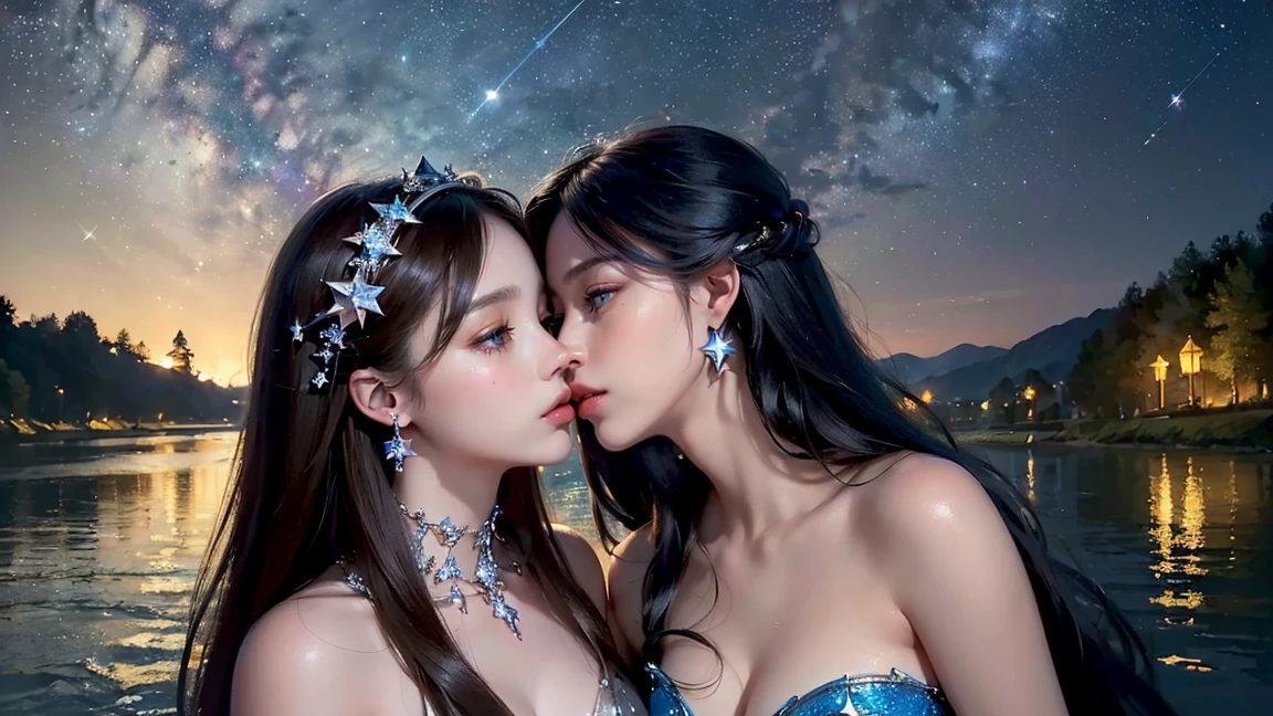 (masterpiece, best quality:1.5), unreal engine, professional lighting, the most beautiful princesses in the world, perfect face, attractive face, highly detailed beautiful face and eyes, highly detailed background, cinematic lighting, (perfect anatomy:1.2), (two enchanting American princesses is deeply in love with each other:1.3), (kiss:1.2), (night, the starry sky and shooting star reflected in the river, magnificent panorama view:1.2)