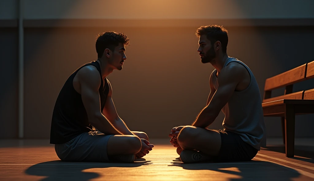 A scene in a gym at night, with Lucas sitting on the floor, exhausted after an intense workout. Beside him, an older coach, Mr. Henrique, with a serious and wise expression, Sitting on a wooden bench. They are in deep conversation, the coach is asking why Lucas wants the title so much. The lighting is warm and welcoming, with shadows that create an intimate and reflective environment.