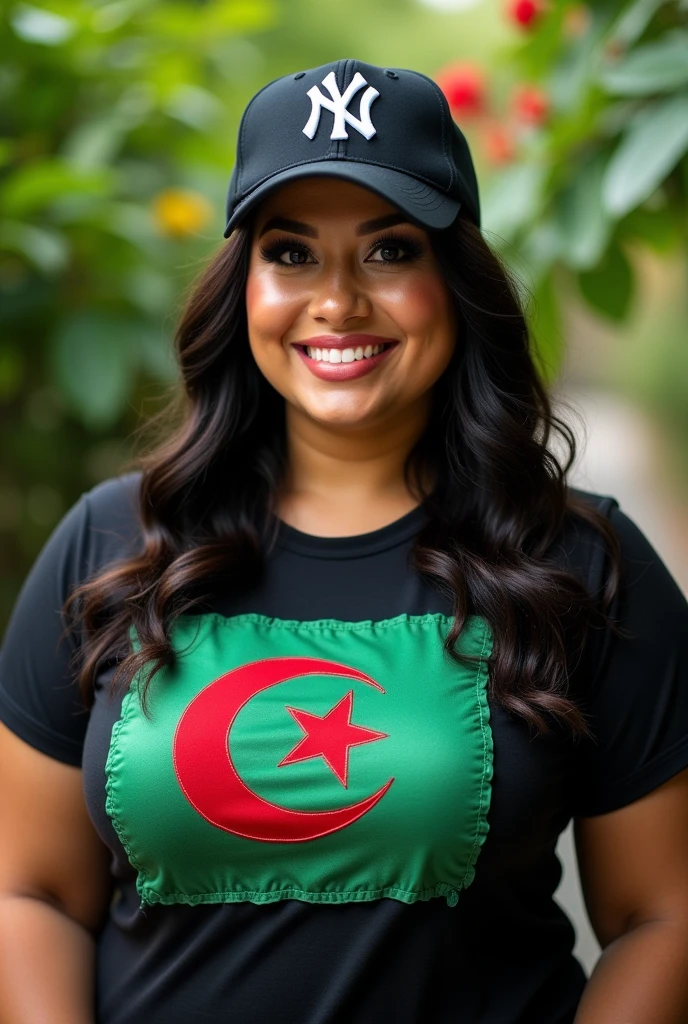 Close up, attractive woman, fat, Gorra ny yankees team 9fifty colorful, black t-shirt with algerian flag detailed and tailored in green and white, green nature background