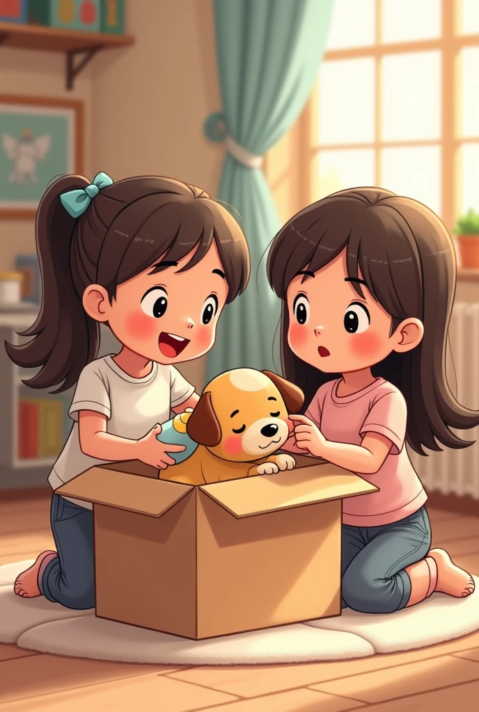 Two twin girls bring a bottle full of milk. They carry the puppy, They put the pacifier in his mouth and he starts sucking until all the contents are gone., They put it in a cardboard box, They cover him with an old cloth diaper that they have for playing, falling deeply asleep. IN CARTOONS