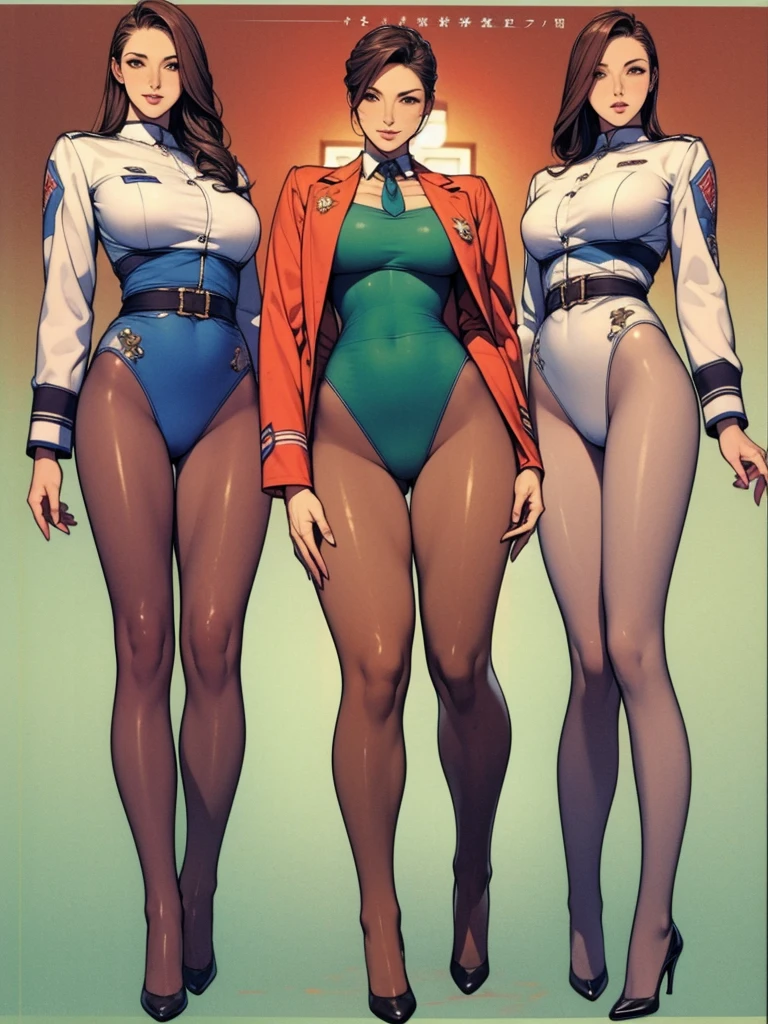 Full body picture：(masterpiece:1.2, best quality),(Very detailed),8K,wallpaper，Three women standing in a row,Full body picture，All wearing pantyhose，Female Soldiers，military uniform，深绿色military uniform，织物纹理military uniform，leotard，Dark green tie，Tall figure，Long legs，muscular