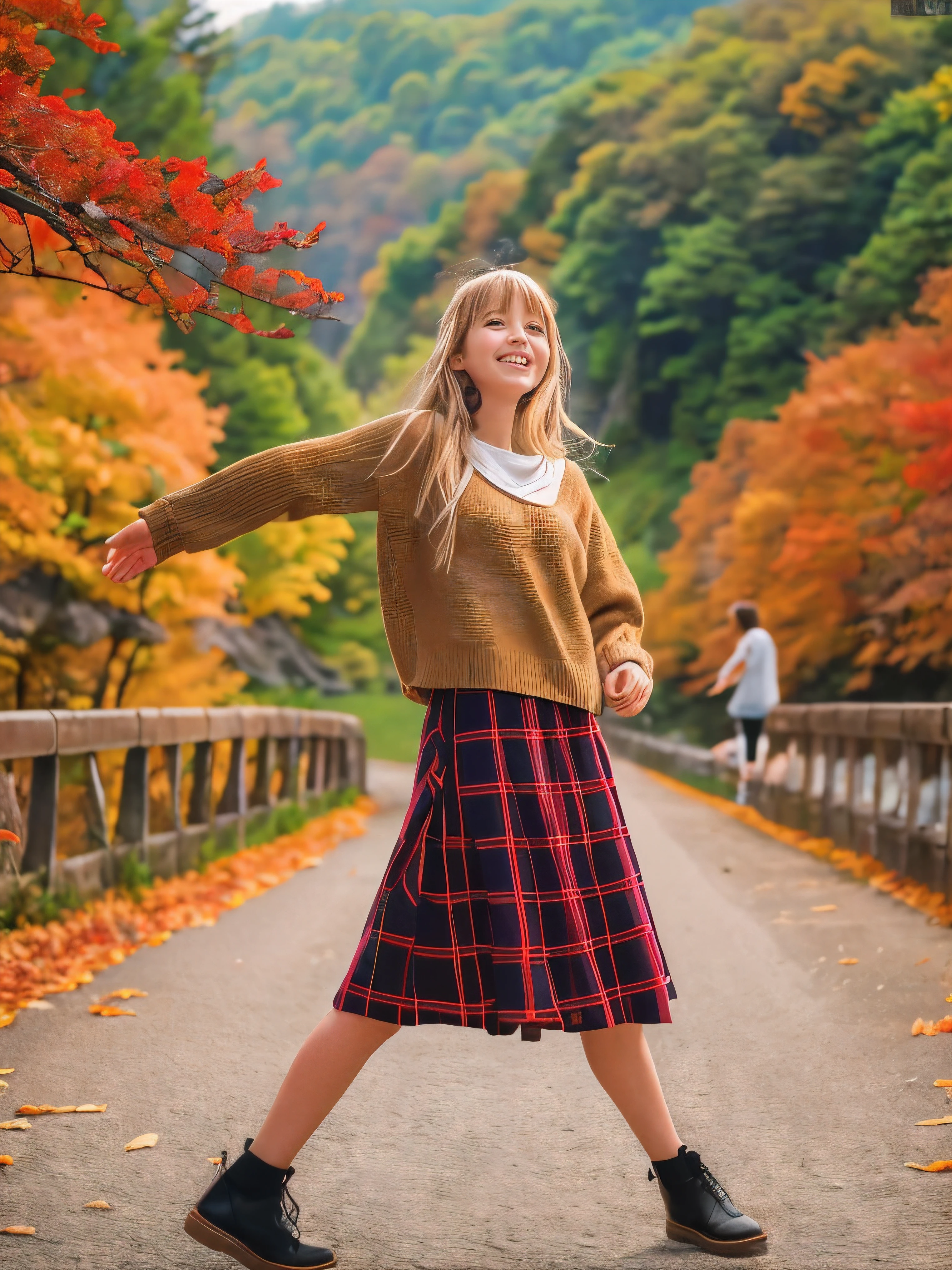 (Close up face shot of one slender small breasts half up blonde long hair with bangs girl in a long sleeves shirt and sweater and skirt:1.5)、(One blonde hair girl is dancing with happy smile on the dart road near the lake and big waterfall in Japan:1.5)、(Beautiful autumn red leaves landscpe:1.5)、(Natural light:1.5)、(8k ultra detailed master piece:1.5)、(perfect anatomy:1.5)、(Photorealistic stick:1.5)、(Raw photo:1.3)、(highest quality:1.5)、(High resolution:1.3)、(Delicate and beautiful perfect face:1.3)、(Delicate and beautiful eye air skin:1.3)、(Real Human Skin:1.3)、((thin legs))
