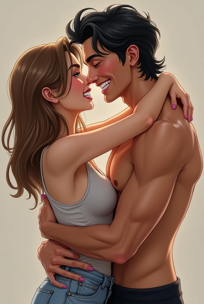 In the romantic scene, an attractive white masculine guy with black hair, A little by the shoulders he is hugging a girl by the waist . She is serious and has light brown hair., shoulder-length, and green eyes, I think I&#39;m pale. He has blue eyes and, while she maintains a serious but blushing expression, He laughs playfully. The atmosphere is flirtatious, with him enjoying the contrast between his laughter and her seriousness.