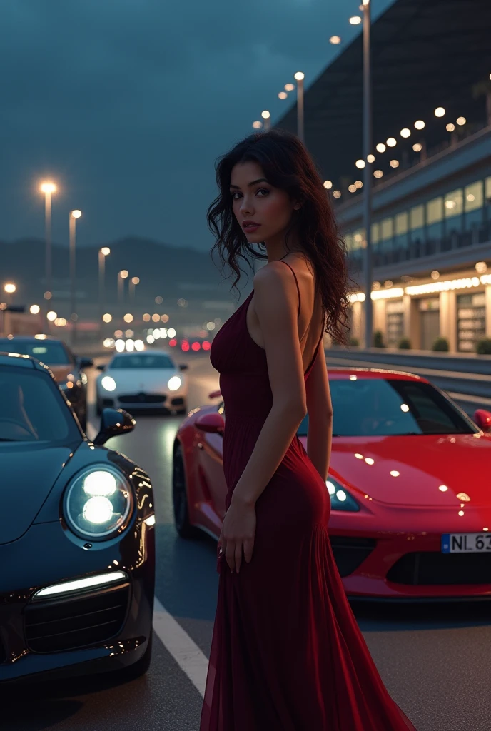 ((best qualityer)), ((work of art)), (detailded), 1 well dressed girl at night, in Germany, at Nurbugring next to sports cars