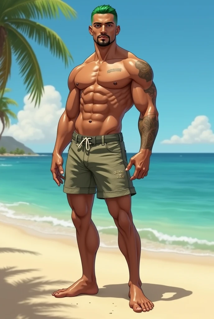 Gekko from Valorant, beach, full body, 6’4, size 14 feet, green hair, Mexican American, from the game Valorant, less muscle, lean build, abs, 1, buzz cut, Valorant game, swim trunks, bare feet 