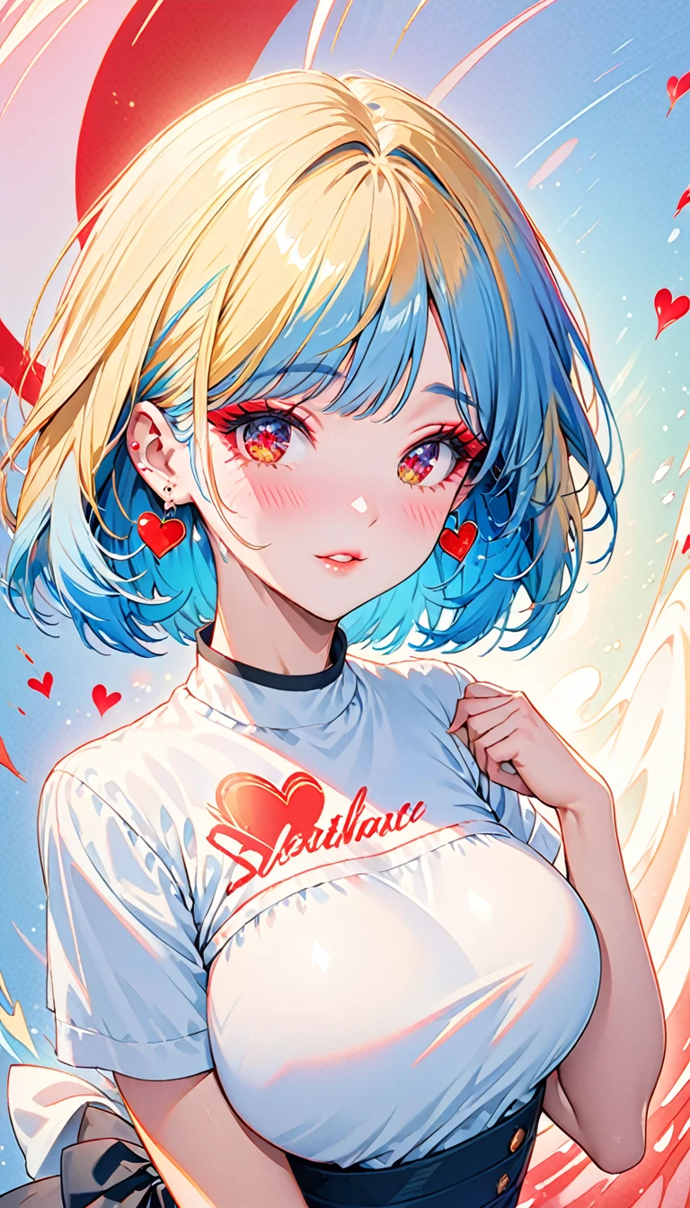 High resolution, high quality, Textured skin, Ultra high definition, Shortcuts, Blonde, Blue Hair/Light blue hair, Bob Hair, Large Breasts, Heart-shaped earrings, Blushing, Heavy makeup, Red face, Gradient colored eyes, Aperture value F4.0, Dithering, Cinematic light effects, Character Design, 1girl
