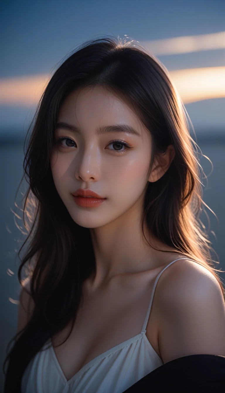 a beautiful young woman in an off-the-shoulder dress, close-up portrait, beautiful detailed eyes, beautiful detailed lips, extremely detailed face, long eyelashes, against a clear blue sky, overcast sky, outdoor, high-key lighting, soft shadows, dark theme, score_9, score_8_up, score_7_up, best quality, masterpiece, realistic, photorealism, film grain, photo by fuji-pro plus-ii film