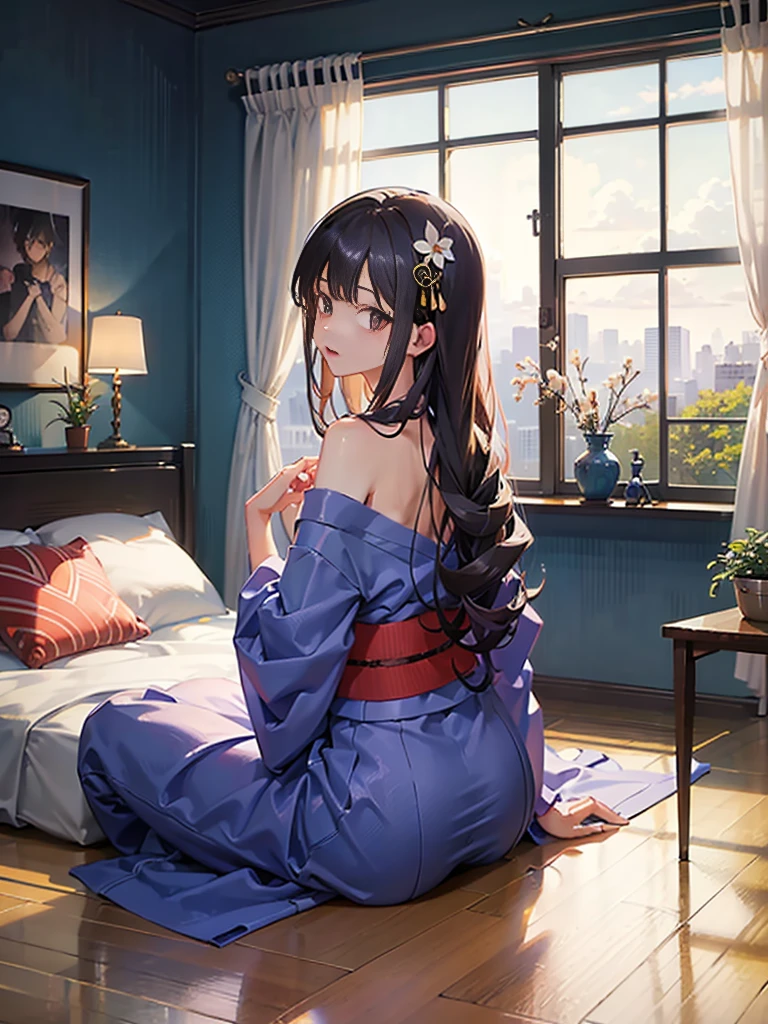 In 8K、Highest quality、masterpiece、Ultra-detailed、Ultra-high resolution、Anime Style、(One woman)、Age 20 or older、Long Hair、night、Dark Room、On the futon、sit、Hakata yukata、Wide open chest、Exposing shoulders、Red face、Embarrassing、Rear view