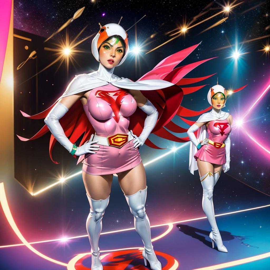ANI_CLASSIC_jun_gatchaman_ownwaifu,1girl, ,good anatomy, masterpiece, best quality,realistic, hyperrealistic, 16k hdr,breasts,green eyes,lips,large breasts,lipstick,makeup,gloves,cape,helmet,belt,elbow gloves,white gloves,mask,ultra miniskirt,leotard,spacesuit,white tight overknee highheels boots,pink dress,superhero,bodysuit,cleavage,erected nipples,((stand pose,hands on hip,view from below)),cameltoe