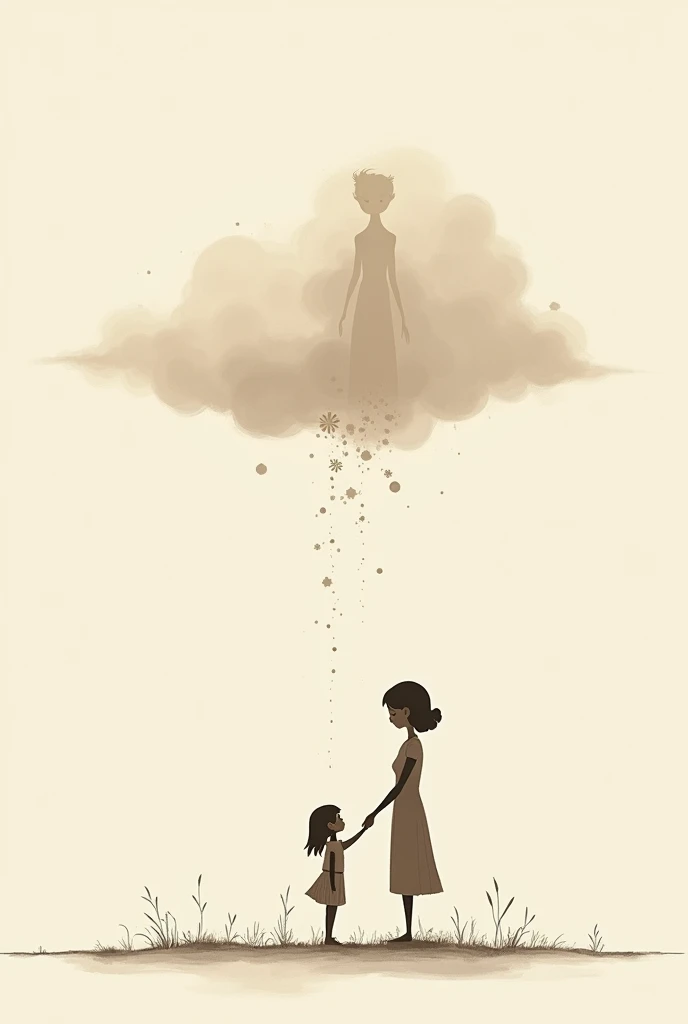 Create a tattoo art of a deceased grandmother? saying goodbye to his granddaughter from atop a cloud, with stickman characters, with minimalist traits