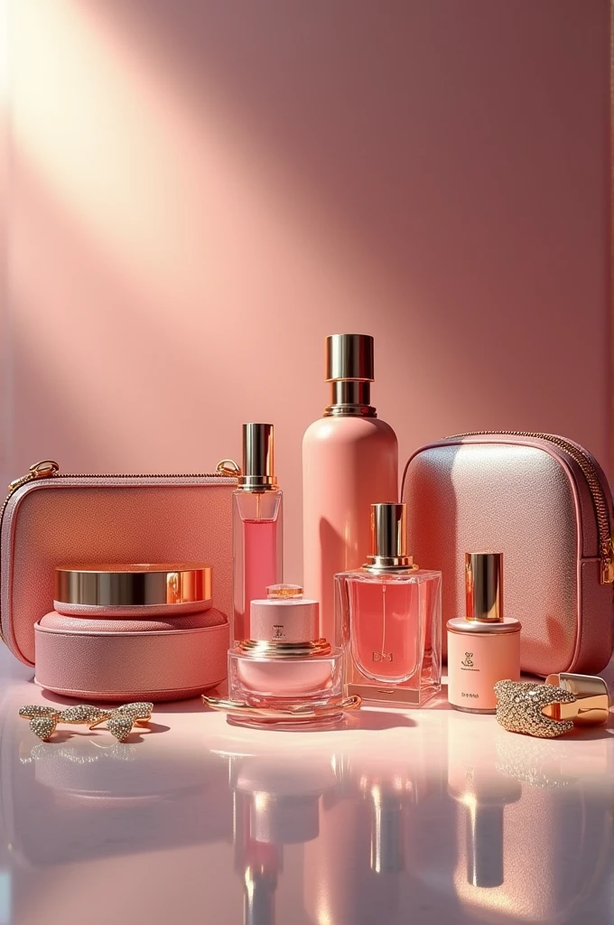 Create an image with bags , make-up , perfumes, jolleria, creams and lipsticks