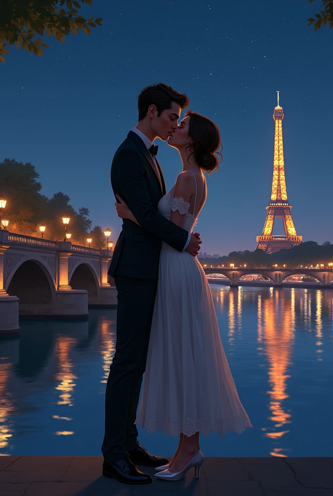 Could you create an illustration of Nico Diangelo and Will Solace as adults kissing on the banks of the Seine River?, I wish they were both wearing formal clothes, and that they were facing the river, and that wiil was pulling nico into a kiss while holding his waist, I would also like you to show more of the scenery with the starry sky