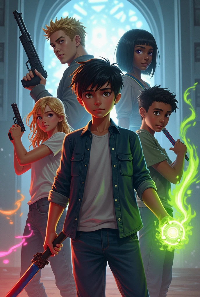 make a book cover with a boy with dark, straight hair in the center of the image holding a blue-bladed sword wearing casual clothes; On the left side, a girl with blonde hair tied in a braid with a firearm; on the right side a muscular blond boy with his hands on green fire. an asian girl with lilac eyes, straight hair down to the waist with bangs; a newer one, black woman with curly hair with a shield made of red glass; an older black man, with blackpower glasses and a notebook and pencil in hand