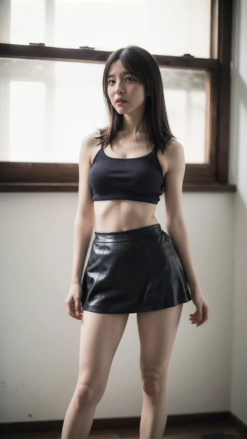 ((1girl)), woman, masterpiece, best quality, highest quality, cinematic lighting, (volumetric lighting), extremely detailed CG unity 8k wallpaper, focused, 8k wallpaper, extremely detailed, ultra realistic, photorealistic, sharp focus, absurdres, (HDR:1.2), (high contrast), photograph, detailed and intricate, instagram, portrait, highly detailed, digital painting, artstation, concept art, smooth, sharp focus, illustration, cinematic lighting, (big breast:1.3), (((skinny, slim legs))), (japanese idol posture), (wearing knit strap tanktop, micro skirt, open legs), looking at the viewer, ((Medium body shot, hips level shot)), long hair, (standing), pale skin:1.2, (